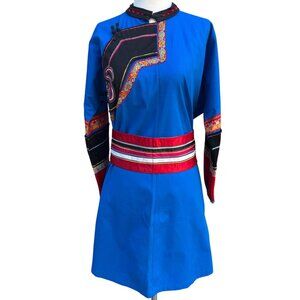 Mongolian Deel Traditional Robe Tunic Blue Red Caftan Embroidery Waist Tie Sash
